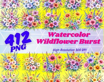 Aquarell Wildblumen Clipart Set: 412 PNG Blumen Bilder (Digitaler Download, Kommerzielle Nutzung)