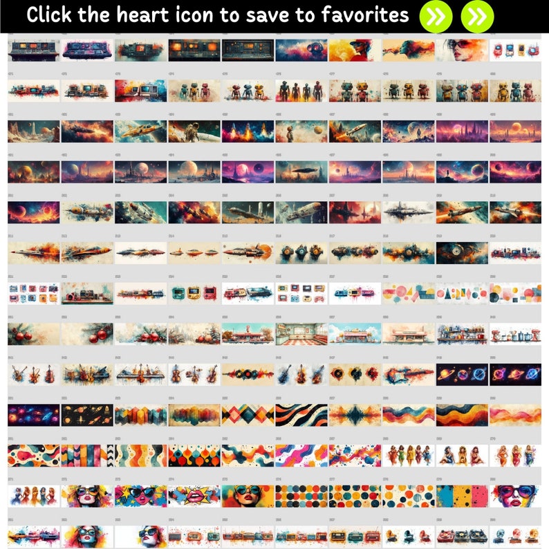 K&ouml;nnte beinhalten: Eine Sammlung von 60 digitalen Kunstdrucken mit einer Vielzahl von farbenfrohen und abstrakten Designs. Die Drucke umfassen geometrische Muster, Weltraummotive, Musikinstrumente und Portr&auml;ts.