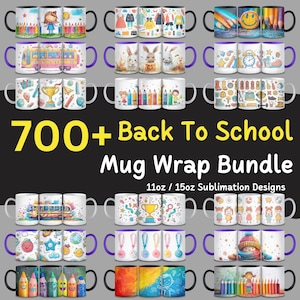 700 + Aquarell Back To School, Becherverpackungs-Bundle, Sublimationsdesign, Kaffeetassenverpackung, Schulmaterial, sofortiger Download, kommerzielle Nutzung