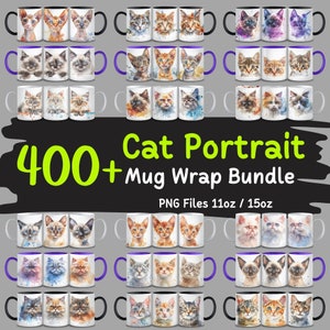 400+ Cat Breed Portrait Mug Wrap Bundle, Cat Breed Clipart, Watercolor Cat, Animal Mug Wrap, Sublimation Design, PNG Bundle, Commercial Use
