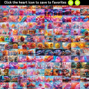 May include: A colorful collage of 64 images featuring various cartoon characters, objects, and scenes. The images are arranged in a grid pattern and include a heart, a car, a scooter, a sunflower, a turtle, a ghost, a bunny, a castle, a mushroom, and a tree.