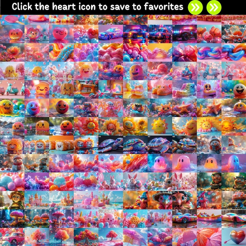 May include: A colorful collage of 64 images featuring various cartoon characters, objects, and scenes. The images are arranged in a grid pattern and include a heart, a car, a scooter, a sunflower, a turtle, a ghost, a bunny, a castle, a mushroom, and a tree.