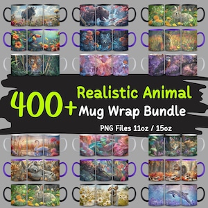 Más de 400 diseños realistas de envoltura de tazas de animales, envoltura de tazas de animales, envoltura de tazas lindas, diseños de tazas de café, diseño de sublimación, paquete PNG, uso comercial