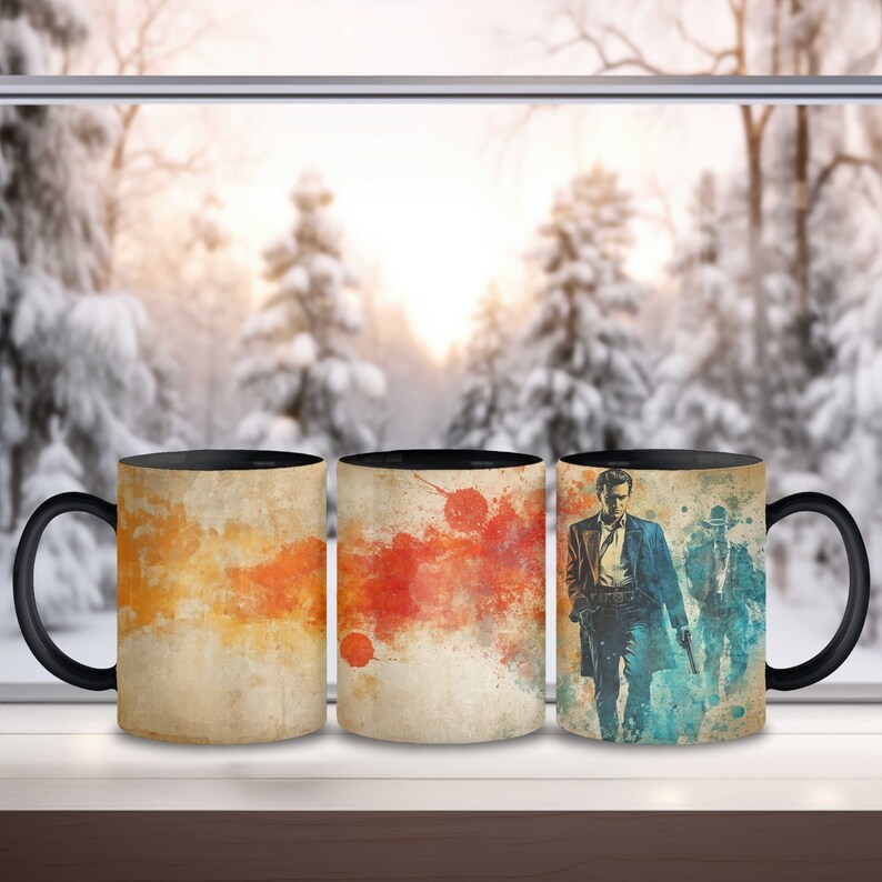 K&ouml;nnte beinhalten: Drei schwarze Kaffeetassen mit unterschiedlichen Designs. Die erste Tasse hat ein Aquarell-Design mit orangefarbenen und gelben Farbt&ouml;nen. Die zweite Tasse hat ein &auml;hnliches Design mit roten und orangefarbenen Farbt&ouml;nen. Die dritte Tasse hat ein blaues und gr&uuml;nes Aquarell-Design mit einer Silhouette eines Mannes im Anzug und mit Krawatte.