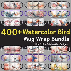 Plus de 400 emballages de tasse d'oiseaux aquarelles, conception de tasse de sublimation oiseaux de fleurs sauvages de 11 oz et 15 oz, téléchargement numérique, tasse d'oiseaux floraux, usage commercial