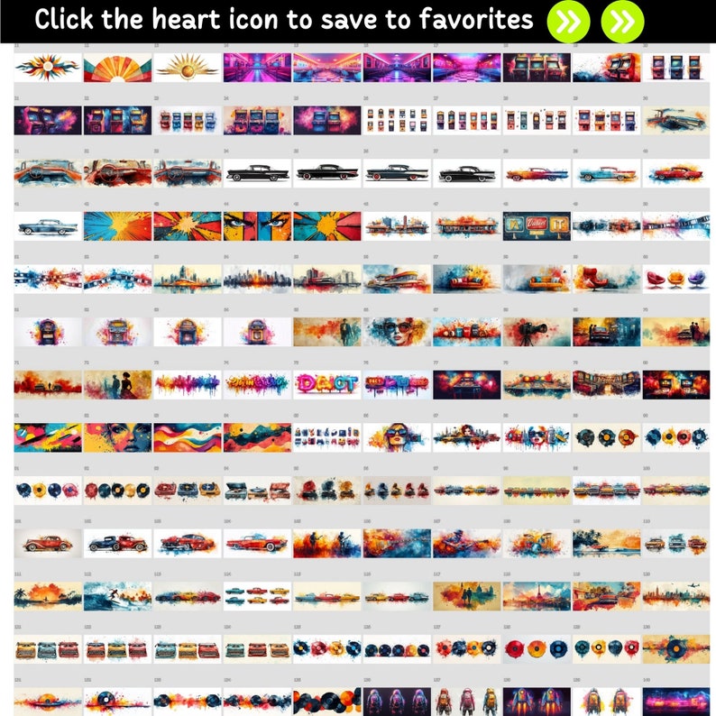 K&ouml;nnte beinhalten: Eine Sammlung von 100 Aquarellbildern mit verschiedenen Motiven, darunter Stadtansichten, Autos, Musik und abstrakte Designs. Die Bilder sind in einem Rasterformat angeordnet und alle in einem lebendigen, farbenfrohen Stil gehalten.
