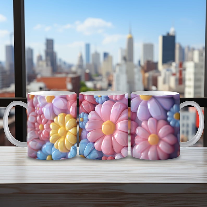 May include: Three white ceramic mugs with a floral design. The mugs feature a close-up of pink, yellow, and blue flowers.