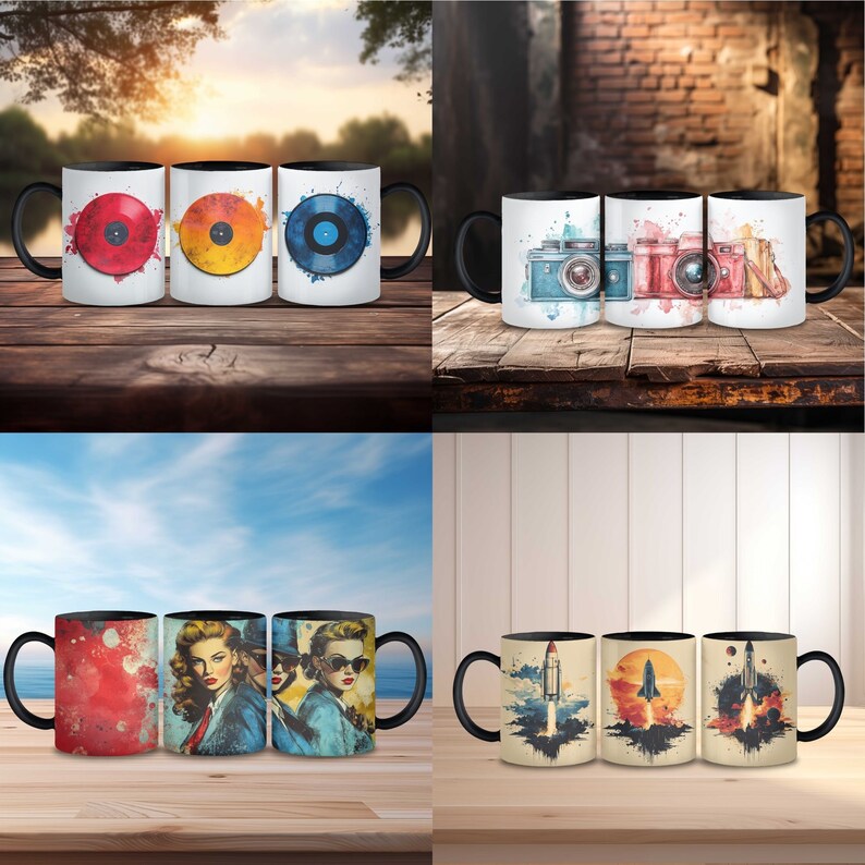 K&ouml;nnte beinhalten: Set aus vier schwarzen und wei&szlig;en Keramikbechern mit verschiedenen Designs. Die Becher haben ein Retro-Design mit Bildern von Schallplatten, Kameras, Frauen und Raketen.
