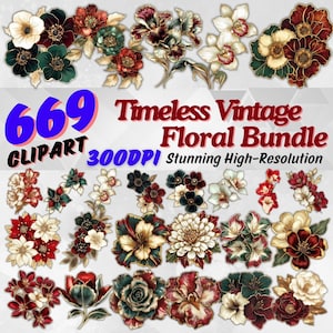 Bundle de cliparts floraux vintage intemporels - illustrations de fleurs rétro, clipart botanique, scrapbooking numérique, sublimation, usage Commercial