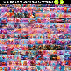 May include: A colorful collage of 100 images featuring various cartoon characters, animals, and objects. The images are arranged in a grid pattern and are set against a pink and blue background. The images are all in a whimsical and playful style.