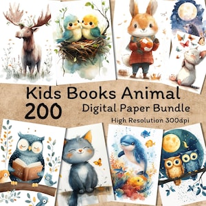 Kinderboeken Dier, digitale papierbundel, scrapbooking, digitale download, levering van ongewenste tijdschriften, papercraft, digitaal dagboek, commercieel gebruik