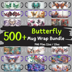 Más de 500 diseños de envolturas para tazas con forma de mariposa, envolturas para tazas con forma de flores, envolturas para tazas PNG, diseños de tazas de café, diseño de sublimación, paquete PNG, uso comercial