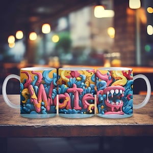 May include: Three white ceramic mugs with a colorful, abstract design featuring the word "Water" in pink, blue, and yellow. The mugs are arranged in a row on a wooden surface.