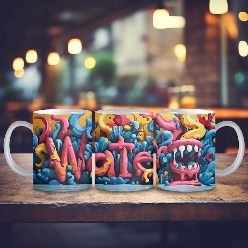 May include: Three white ceramic mugs with a colorful, abstract design featuring the word "Water" in pink, blue, and yellow. The mugs are arranged in a row on a wooden surface.