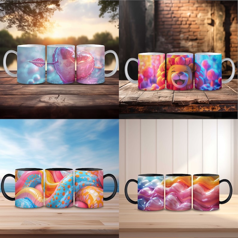 May include: Set of three white ceramic mugs with colorful designs. The first mug features a pink heart with an arrow through it, the second mug has a colorful lion face, and the third mug has a colorful abstract design. The mugs are on a wooden surface.