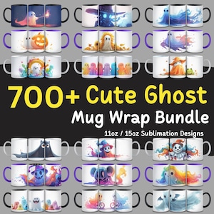 700+ Fantasma fofo, Fantasma aquarela, Pacote de Halloween, Fantasma embrulhado em caneca, Fantasma extravagante, Caneca de café Fantasma fofo, Design de sublimação, Uso comercial