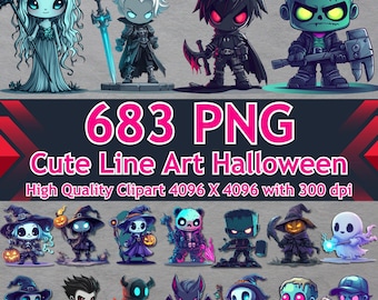 Paquete de imágenes prediseñadas de Halloween, arte lineal espeluznante PNG (descarga digital)