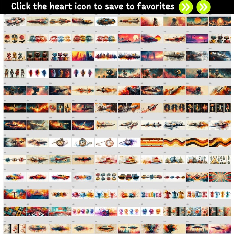 K&ouml;nnte beinhalten: Eine Sammlung von 100 Aquarellbildern mit verschiedenen Themen, darunter Roboter, Raumschiffe, Uhren, Autos und Kaffee. Die Bilder sind in einem Raster angeordnet und alle im gleichen Stil gehalten.