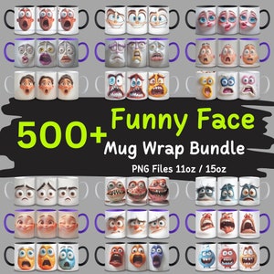 Plus de 500 emballages de mugs grimaces, effet 3D, emballages de tasses de drôles de têtes, modèle PNG, sublimation, PNG Bundle, usage Commercial