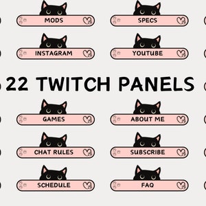 Può includere: Ventidue pannelli Twitch con gatto nero, cuori rosa e testo bianco. I pannelli includono: Lista dei desideri, Mods, Specifiche, Steam, Sito web, Instagram, Youtube, Tiktok, Discord, Dona, Giochi, Chi sono, Merchandise, Imposta, Regole di chat, Iscriviti, Twitter, Salvadanaio, Programma, FAQ e Contatto.