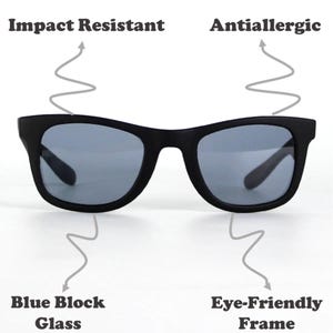 May include: Black sunglasses with impact resistant lenses, an anti-allergic frame, and blue block glass.