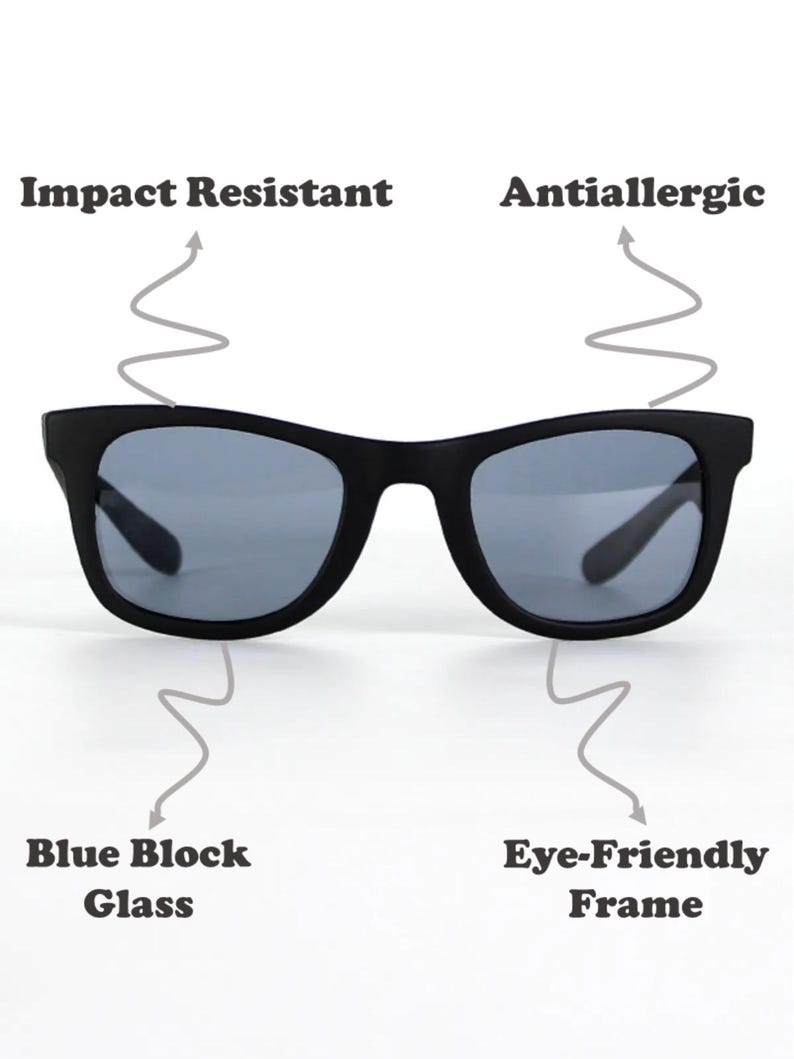 May include: Black sunglasses with impact resistant lenses, an anti-allergic frame, and blue block glass.