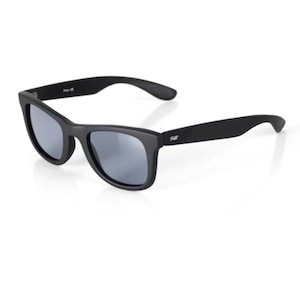 May include: Black sunglasses with a matte finish and a subtle logo on the side.