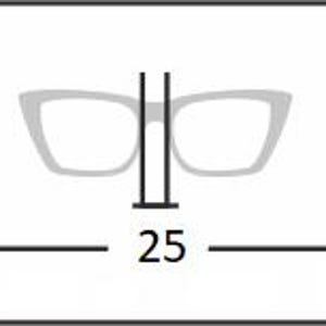 May include: A diagram showing the measurements of a pair of eyeglasses. The lens width is 48 mm, the bridge width is 25 mm, and the temple length is 145 mm.