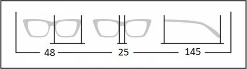 May include: A diagram showing the measurements of a pair of eyeglasses. The lens width is 48 mm, the bridge width is 25 mm, and the temple length is 145 mm.