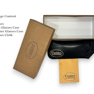 May include: Package contents for glasses: glasses, hard glasses case, leather glasses case, and glasses cloth. The packaging is brown cardboard with the word "Pettitto" printed on it. The glasses case is black leather with the word "Pettitto" printed on it.
