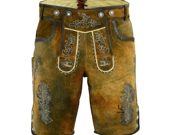 Męskie skórzane spodnie Lederhosen w kolorze oliwkowo-brązowym z bawolej skóry | Ręcznie robione bawarskie szorty na Oktoberfest z szelkami i haftem