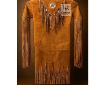 Women Brown Leather Maxi | Native Indian Suede Maxi | Powwow Regalia Wedding Dress | Wedding Maxi | Fringes & Beads| Handcrafted | M17