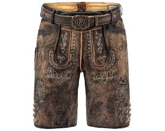 Męskie szorty Lederhosen ze skóry bawolej w trudnej sytuacji | Vintage brązowy bawarski Trachten Oktoberfest z paskiem