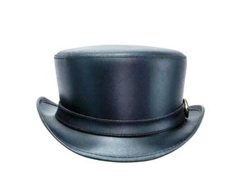 Czarny skórzany cylinder z opaską, ręcznie robiony cylinder steampunk, wiktoriański kapelusz westernowy, kapelusz z regulowanym rondem