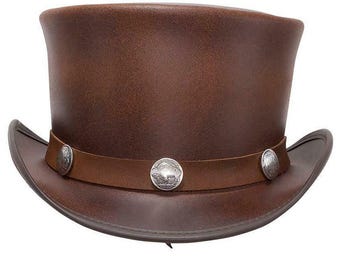 Brązowy skórzany cylinder z paskiem z niklowanego bawolego drewna, ręcznie robiony kapelusz w stylu western steampunk, wiktoriański cylinder z regulowanym rondem