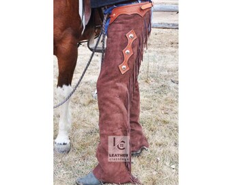 Herren Braune Wildleder Westernchaps mit Conchos & Fransen – Cowboy Rodeo Reitchaps, Ranch Pferdegeschirr