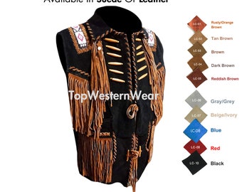 Native Indian American Fringes Suede Vest Beaded | Unisex Men Women | Southwestern |  Motorcycle Vest | Handmade | Black Waistcoat | SV5B