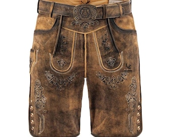 Męskie skórzane spodnie Lederhosen w kolorze antycznego brązu z bawolej skóry | Szorty Vintage Bavarian Oktoberfest Trachten z grawerowanym paskiem