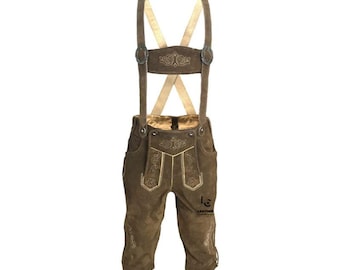 Męskie brązowe skórzane spodnie Lederhosen z szelkami, sięgające do kolan, tradycyjne bawarskie spodnie Trachten na Oktoberfest