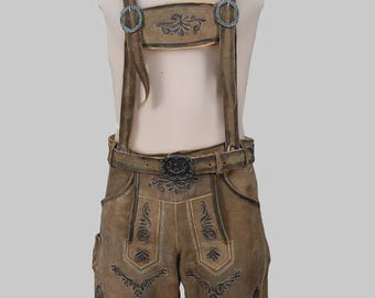 Męskie skórzane spodnie Lederhosen z szelkami, brązowe szorty na Oktoberfest, bawarskie szorty Trachten z niemieckiej skóry
