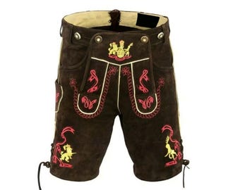 Męskie skórzane spodnie Lederhosen w kolorze ciemnej czekolady, z czerwono-złotym haftem, bawarskie szorty Oktoberfest Trachten