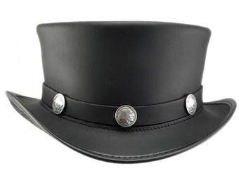Czarny skórzany cylinder z paskiem z niklowanego bawolego drewna, ręcznie robiony kapelusz w stylu western steampunk, wiktoriański cylinder z regulowanym rondem