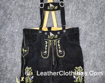 Męskie czarne zamszowe skórzane spodnie Lederhosen z haftem jelenia | Ręcznie robione szorty i szelki bawarskie na Oktoberfest