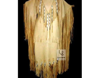 Brown Cowhide Suede Fringe Dress for Women, Handmade Western Leather Dress with Beaded Fringe Festival Outfit