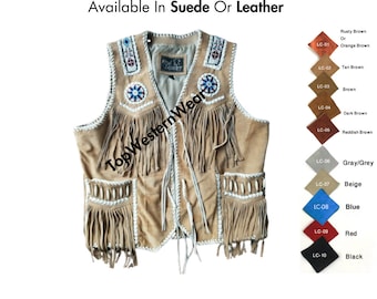 Native Indian American Fringes Suede Vest Beaded | Unisex Men Women | Southwestern |  Motorcycle Vest | Handmade | Beige Waistcoat | SV6