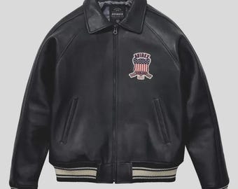 Męska kurtka typu bomber Avirex USA Lamb Leather Black American Flight Jacket w stylu uniwersyteckim z zamkiem błyskawicznym