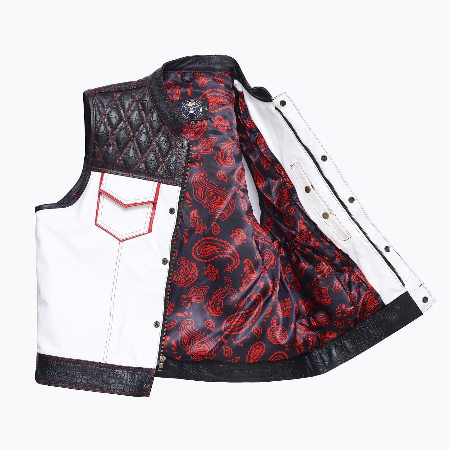 Black & White Leather Vest | Motorcycle Vest | Bikers Vest | Hunt Club Vest | Diamond Stitch | Handmade | Waistcoat | WV2