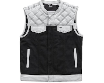 Men's Black Denim Quilted White Leather Motorcycle Biker Vest