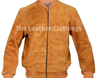 Giacca bomber da uomo in pelle scamosciata marrone, giacca da aviatore in pelle realizzata a mano con finiture a coste e classica chiusura a zip frontale.