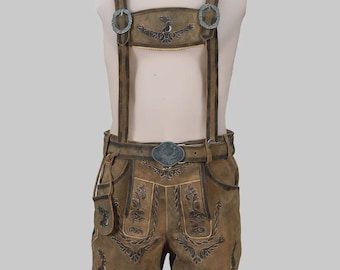 Męskie skórzane spodnie Lederhosen z szelkami, brązowe szorty na Oktoberfest, bawarskie szorty Trachten z niemieckiej skóry